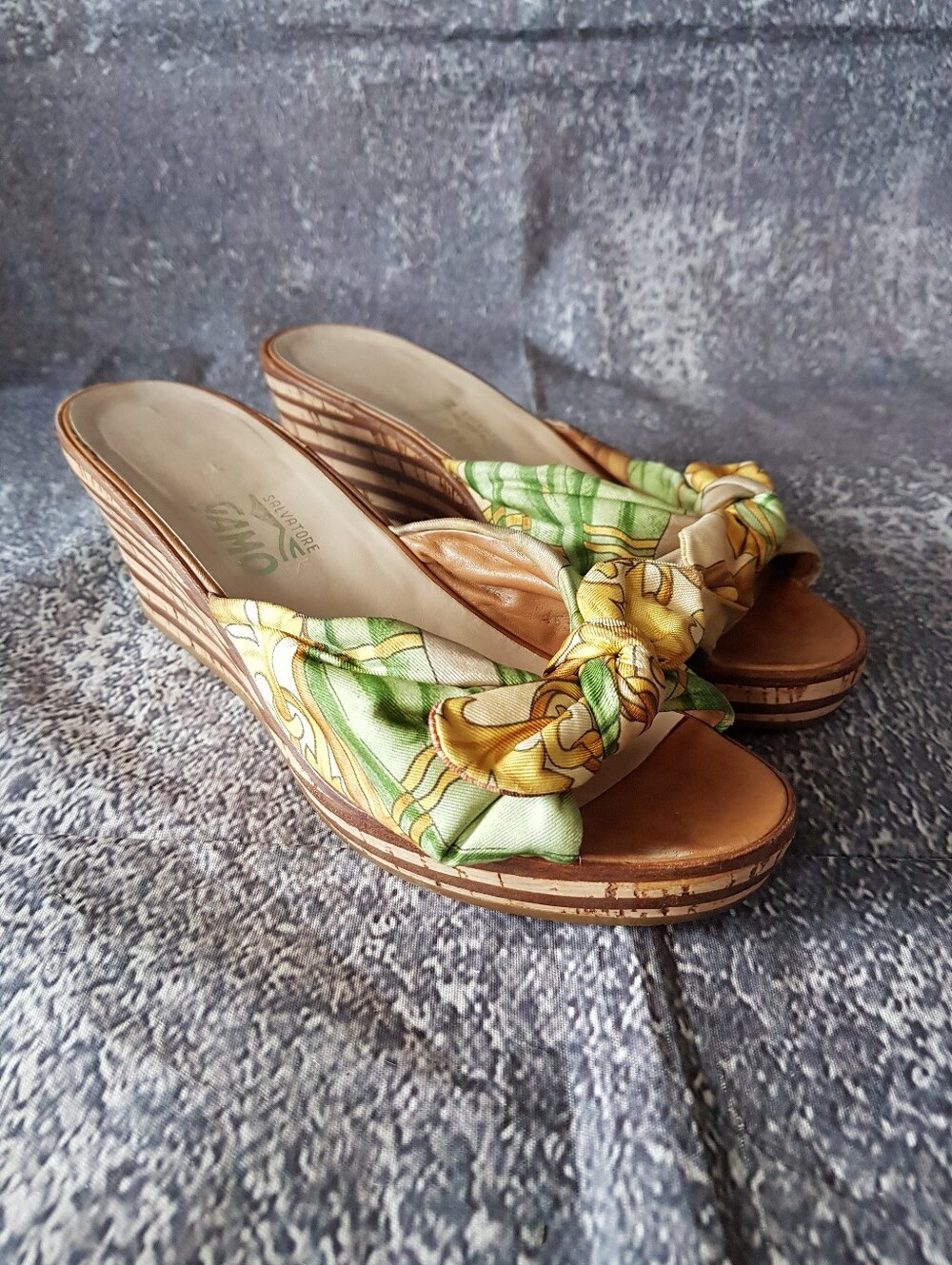 Salvatore Ferragamo Green And Yellow Floral Knot Wedge Slide Sandals